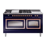 ILVE UN60FSNMPMBPLP Nostalgie II Noblesse 60 inch Dual Fuel Range (7 Sealed Burners + Griddle + French Top, Liquid Propane, Triple Glass Door, Midnight Blue, Copper)