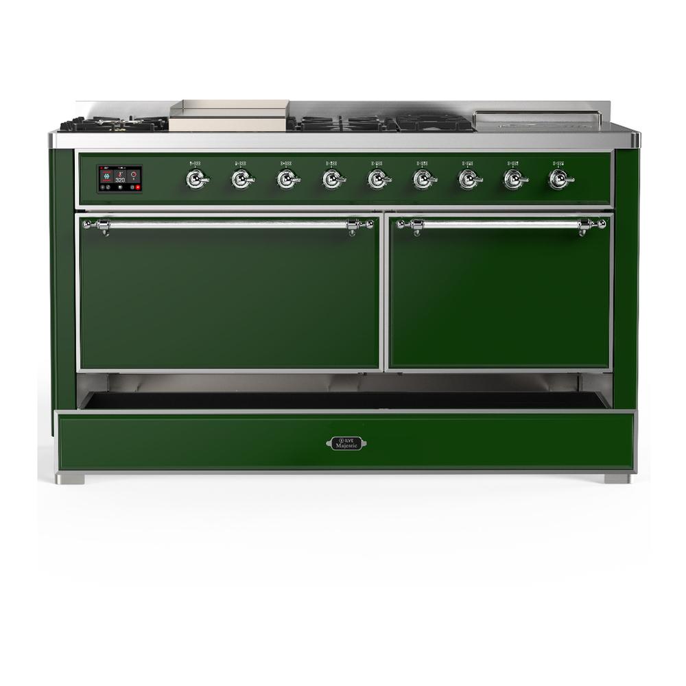 ILVE UM60FSQNR3EGCLP Majestic III 60 inch Dual Fuel Range with 7 Burners, Griddle and French Top, Dual Function Burner with up to 25,000 BTU (Liquid Propane, Solid Door, Emerald Green, Chrome)