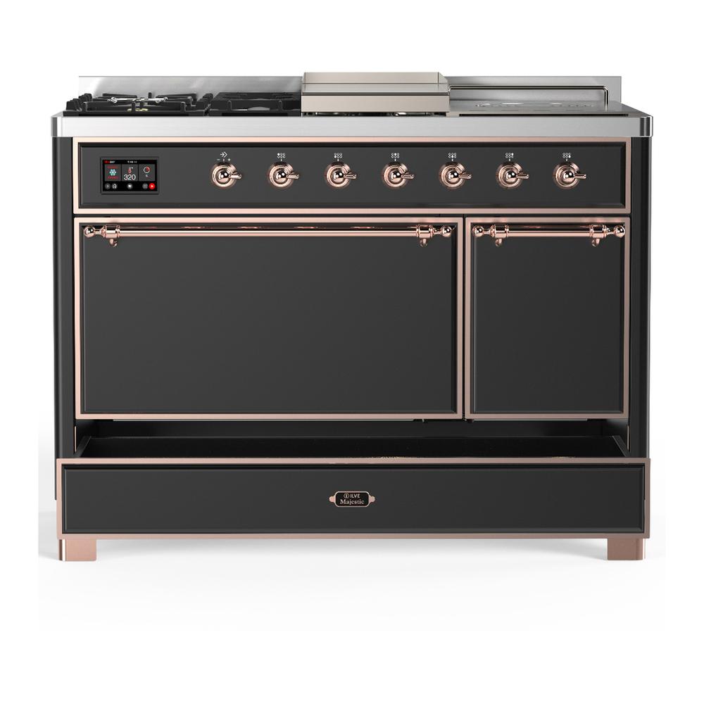 ILVE UM48FSQNR3MGP Majestic III 48 inch Dual Fuel Range with 5 Black Brass Burners, Griddle and French Top, Dual Function Burner up to 25,000 BTU (Natural Gas, Solid Door, Graphite Matte, Copper)