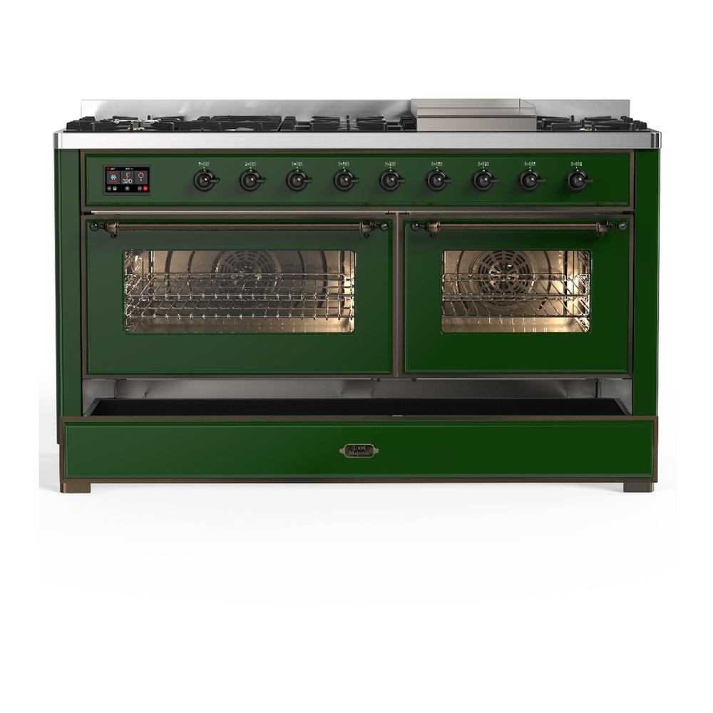 ILVE UM60FNR3EGB Majestic III 60 inch Dual Fuel Range with 9 Burners and Griddle, Dual Function Burner up to 25,000 BTU (Natural Gas, Triple Glass Door, Emerald Green, Burnished)