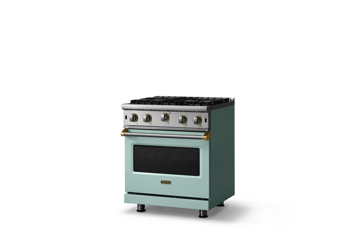 30"W. Open Burner Gas Range (Finish: Splash, Trim: Brushed Brass, Fuel: Natural Gas)