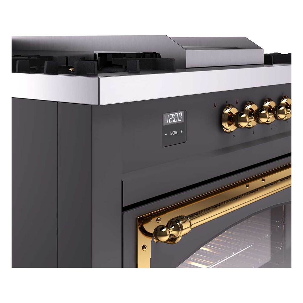 ILVE UN60FSNMPMGGLP Nostalgie II Noblesse 60 inch Dual Fuel Range (7 Sealed Burners + Griddle + French Top, Liquid Propane, Triple Glass Door, Graphite Matte, Brass)