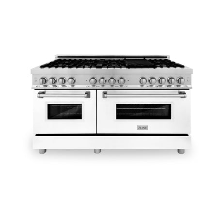 ZLINE 60 in. 7.4 cu. ft. Electric Oven and Gas Cooktop Dual Fuel Range with Griddle and White Matte Door in Stainless Steel (RA-WM-GR-60)