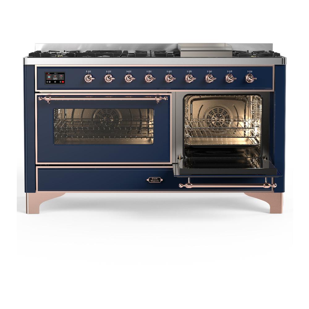 ILVE UM60FNR3MBP Majestic III 60 inch Dual Fuel Range with 9 Burners and Griddle, Dual Function Burner up to 25,000 BTU (Natural Gas, Triple Glass Door, Midnight Blue, Copper)