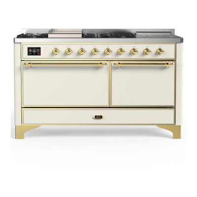 ILVE UM60FSQNR3AWGLP Majestic III 60 inch Dual Fuel Range with 7 Burners, Griddle and French Top, Dual Function Burner with up to 25,000 BTU (Liquid Propane, Solid Door, Antique White, Brass)