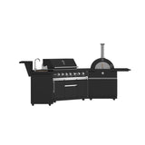 Forno All Aperto 87,600 BTU Outdoor Kitchen, 4 Burners, Infrared Burners, Side Burner, Black Sintered Stone Countertops, Gas Pizza Oven, Sink Module, Bar & Beverage Center