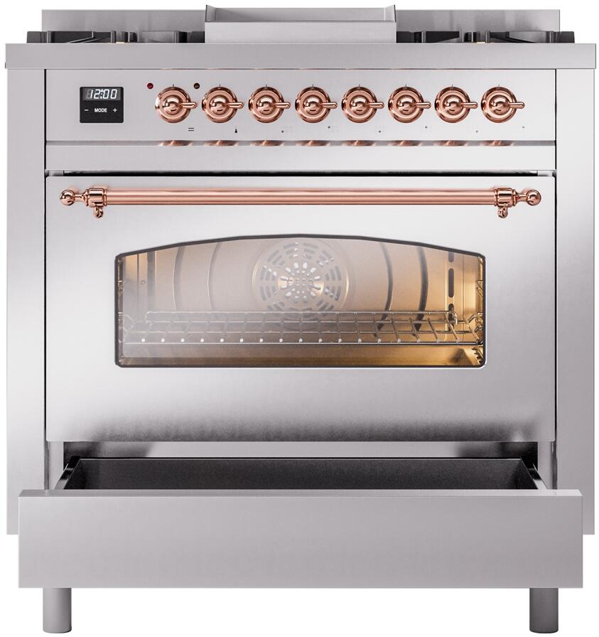 Nostalgie II 36 Inch Dual Fuel Natural Gas Freestanding Range in Stainless Steel with Copper Trim