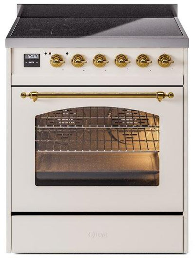 Nostalgie II 30 Inch Electric Freestanding Range in Antique White with Brass Trim