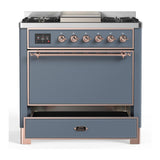 ILVE UM36FQNR3BGPLP Majestic III 36 inch Dual Fuel Range with 6 Black Brass Burners and Griddle, Dual Function Burner up to 25,000 BTU (Solid Door, Blue Grey, Copper, Liquid Propane)