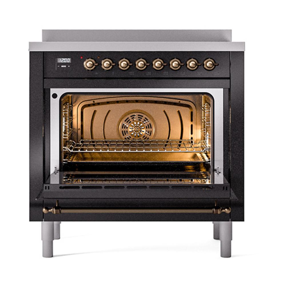 ILVE UNI366NMPBKB Nostalgie II Noblesse 36 inch Induction Range (Triple Glass Door, Glossy Black, Burnished)
