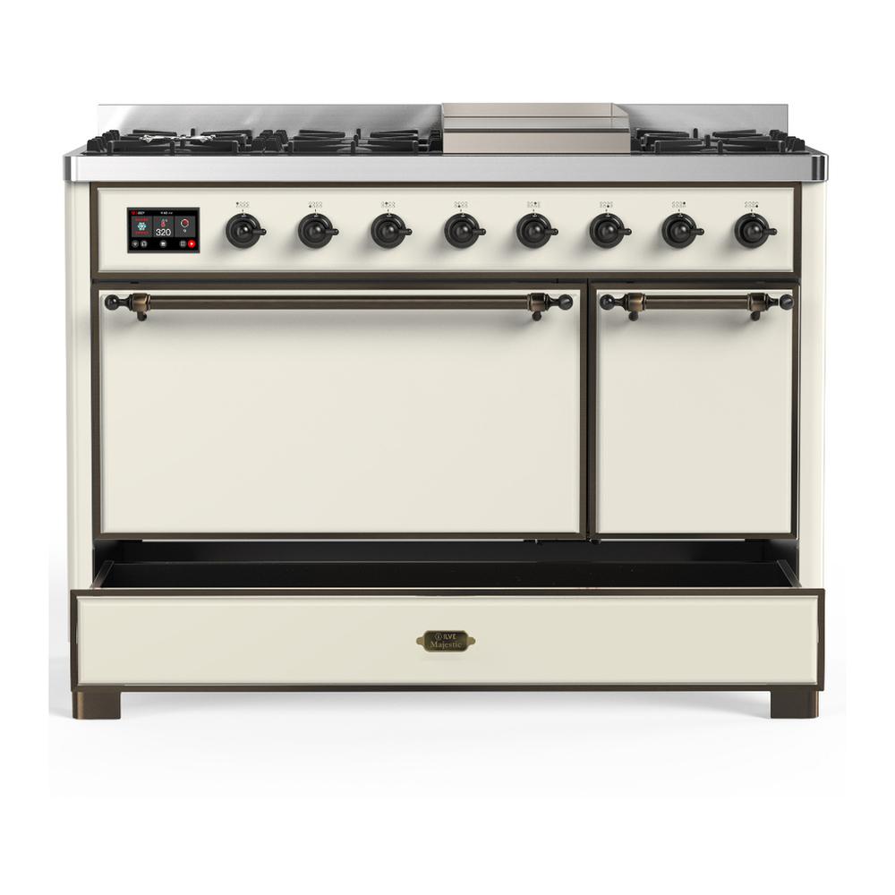 ILVE UM48FQNR3AWB Majestic III 48 inch Dual Fuel Range with 8 Burners and Griddle, Dual Function Burner up to 25,000 BTU (Natural Gas, Solid Door, Antique White, Burnished)