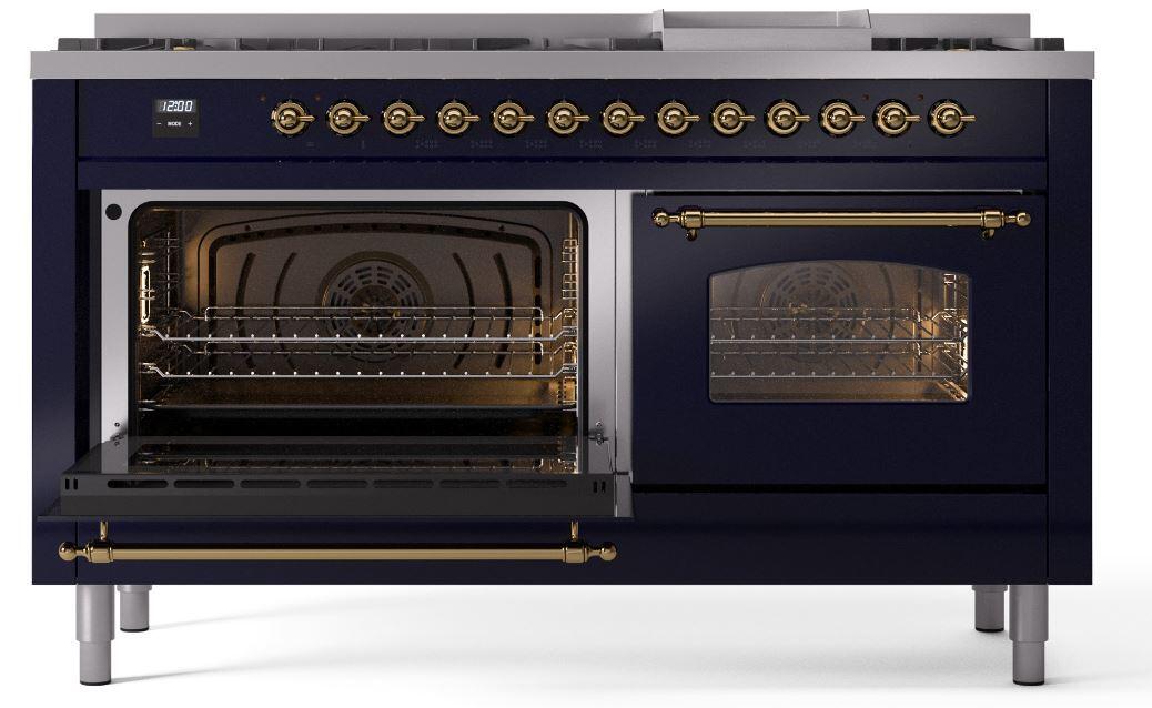 Nostalgie II 60 Inch Dual Fuel Natural Gas Freestanding Range in Blue with Brass Trim