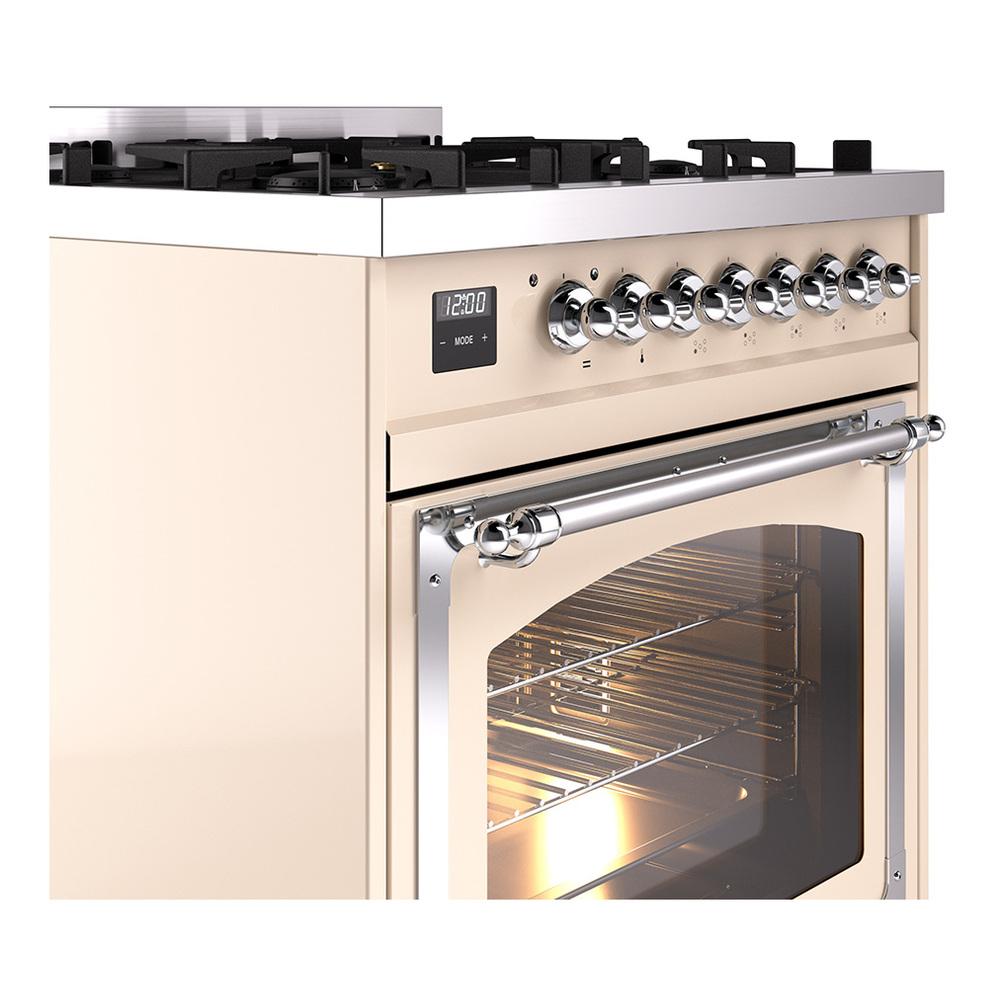 ILVE UN30NMPAWC Nostalgie II Noblesse 30 inch Dual Fuel Range (Natural Gas, Triple Glass Door, Antique White, Chrome)