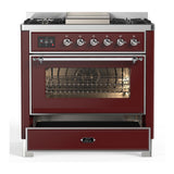ILVE UM36FNR3BUC Majestic III 36 inch Dual Fuel Range with 6 Black Brass Burners and Griddle, Dual Function Burner up to 25,000 BTU (Triple Glass Door, Burgundy, Chrome, Natural Gas)