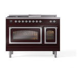 ILVE UN48FSNMPBUC Nostalgie II Noblesse 48 inch Dual Fuel Range (5 Sealed Burners + Griddle + French Top, Natural Gas, Triple Glass Door, Burgundy, Chrome)