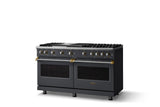 60"W. Sealed Burner Gas Range (Finish: Cast Black, Trim: Brushed Brass, Fuel: Natural Gas)