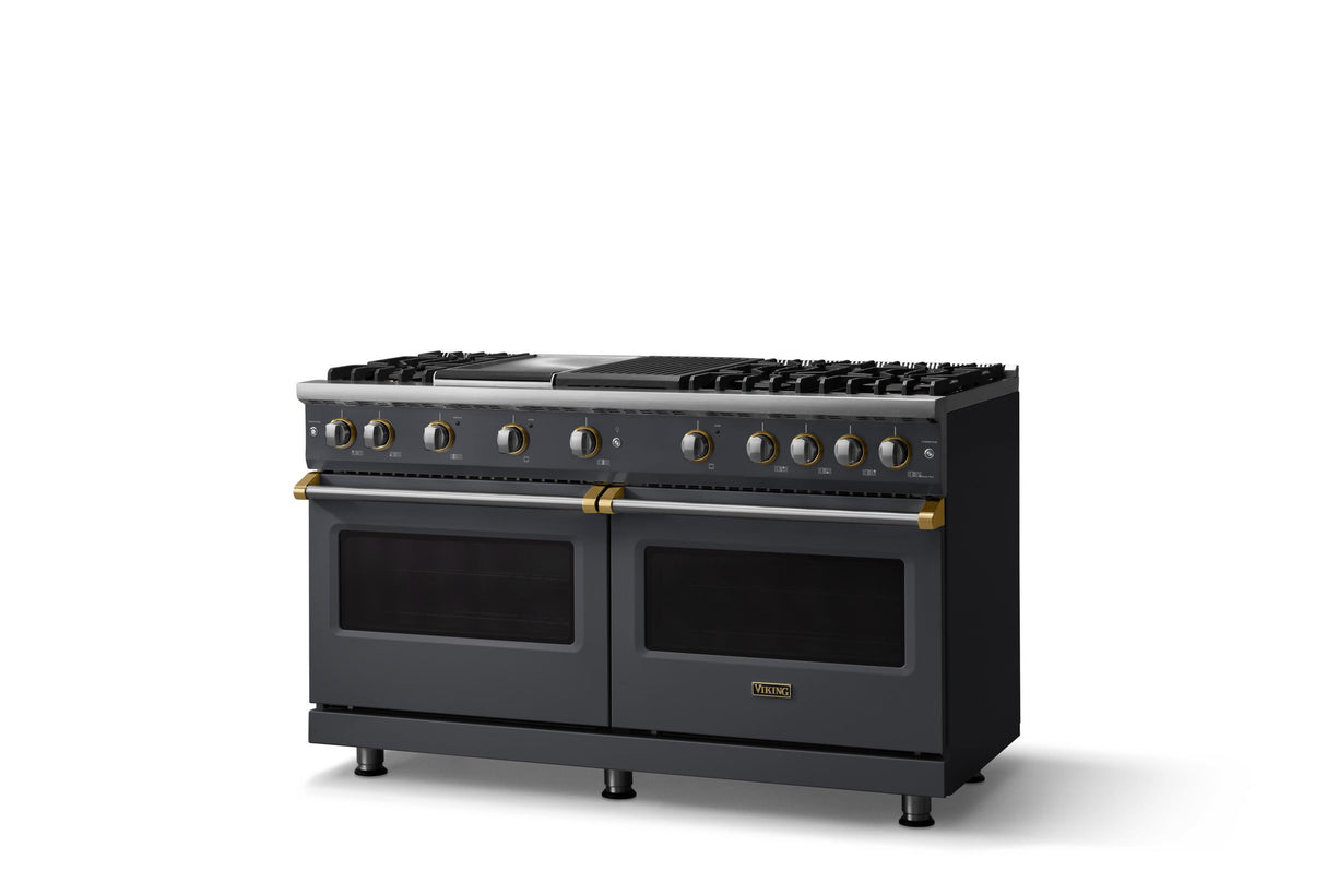 60"W. Sealed Burner Gas Range (Finish: Cast Black, Trim: Brushed Brass, Fuel: Propane)