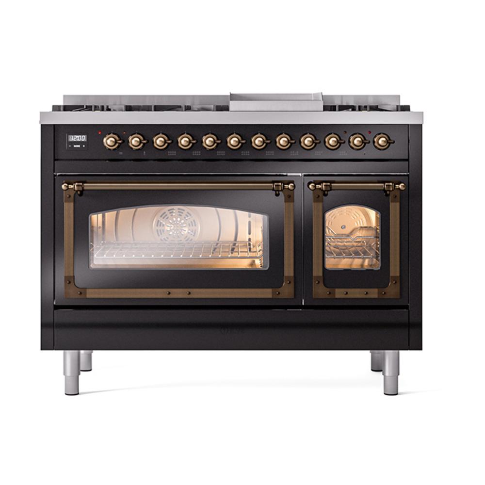 ILVE UN48FNMPBKBLP Nostalgie II Noblesse 48 inch Dual Fuel Range (8 Sealed Burners + Griddle, Liquid Propane, Triple Glass Door, Glossy Black, Burnished)
