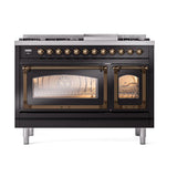 ILVE UN48FNMPBKBLP Nostalgie II Noblesse 48 inch Dual Fuel Range (8 Sealed Burners + Griddle, Liquid Propane, Triple Glass Door, Glossy Black, Burnished)