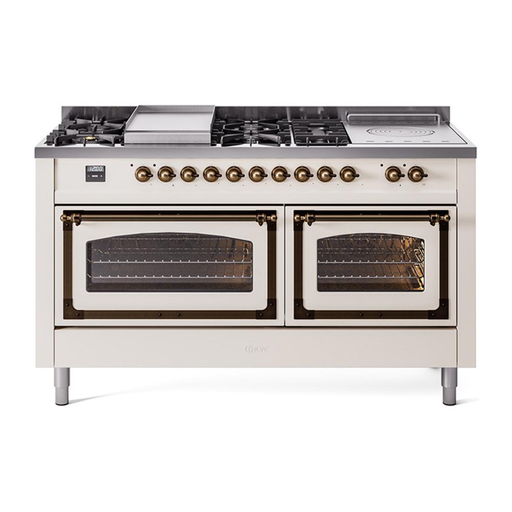 ILVE UN60FSNMPAWBLP Nostalgie II Noblesse 60 inch Dual Fuel Range (7 Sealed Burners + Griddle + French Top, Liquid Propane, Triple Glass Door, Antique White, Burnished)
