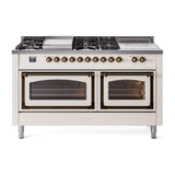 ILVE UN60FSNMPAWBLP Nostalgie II Noblesse 60 inch Dual Fuel Range (7 Sealed Burners + Griddle + French Top, Liquid Propane, Triple Glass Door, Antique White, Burnished)