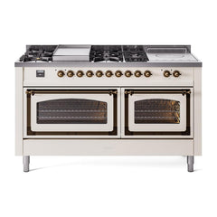 ILVE UN60FSNMPAWBLP Nostalgie II Noblesse 60 inch Dual Fuel Range (7 Sealed Burners + Griddle + French Top, Liquid Propane, Triple Glass Door, Antique White, Burnished)
