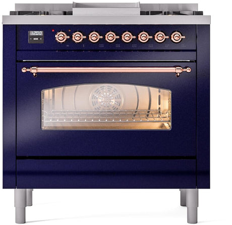 Nostalgie II 36 Inch Dual Fuel Natural Gas Freestanding Range in Blue with Copper Trim