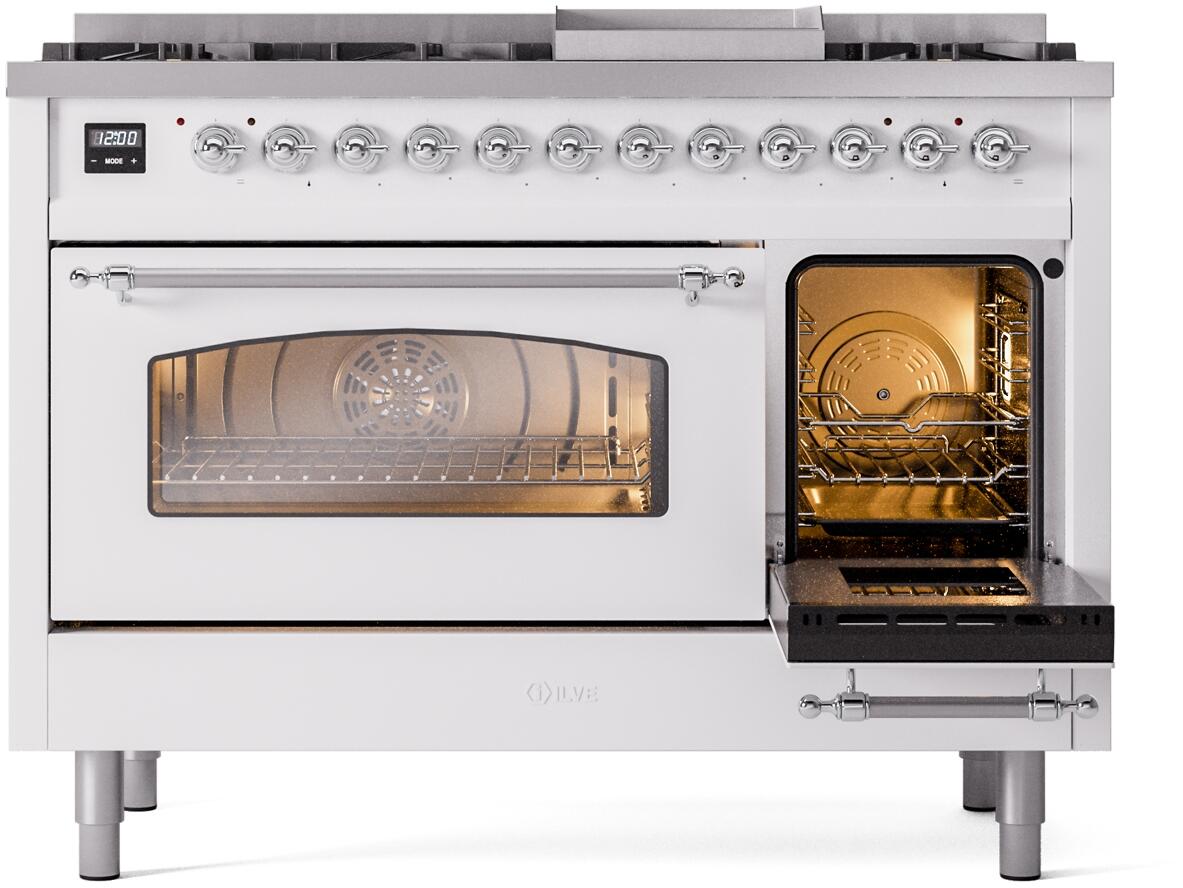 Nostalgie II 48 Inch Dual Fuel Natural Gas Freestanding Range in White with Chrome Trim