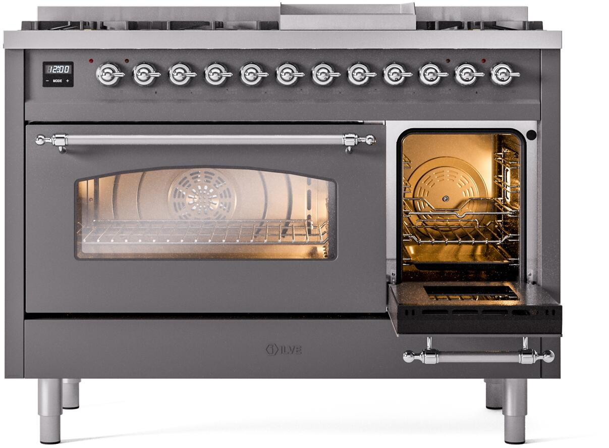 Nostalgie II 48 Inch Dual Fuel Natural Gas Freestanding Range in Matte Graphite with Chrome Trim