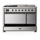 ILVE UM48FSQNR3SSBLP Majestic III 48 inch Dual Fuel Range with 5 Black Brass Burners, Griddle and French Top, Dual Function Burner up to 25,000 BTU (Liquid Propane, Solid Door, Stainless Steel, Burnished)