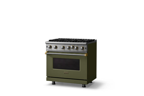 36"W. Open Burner Gas Range (Finish: Martini, Trim: Brushed Brass, Fuel: Natural Gas)