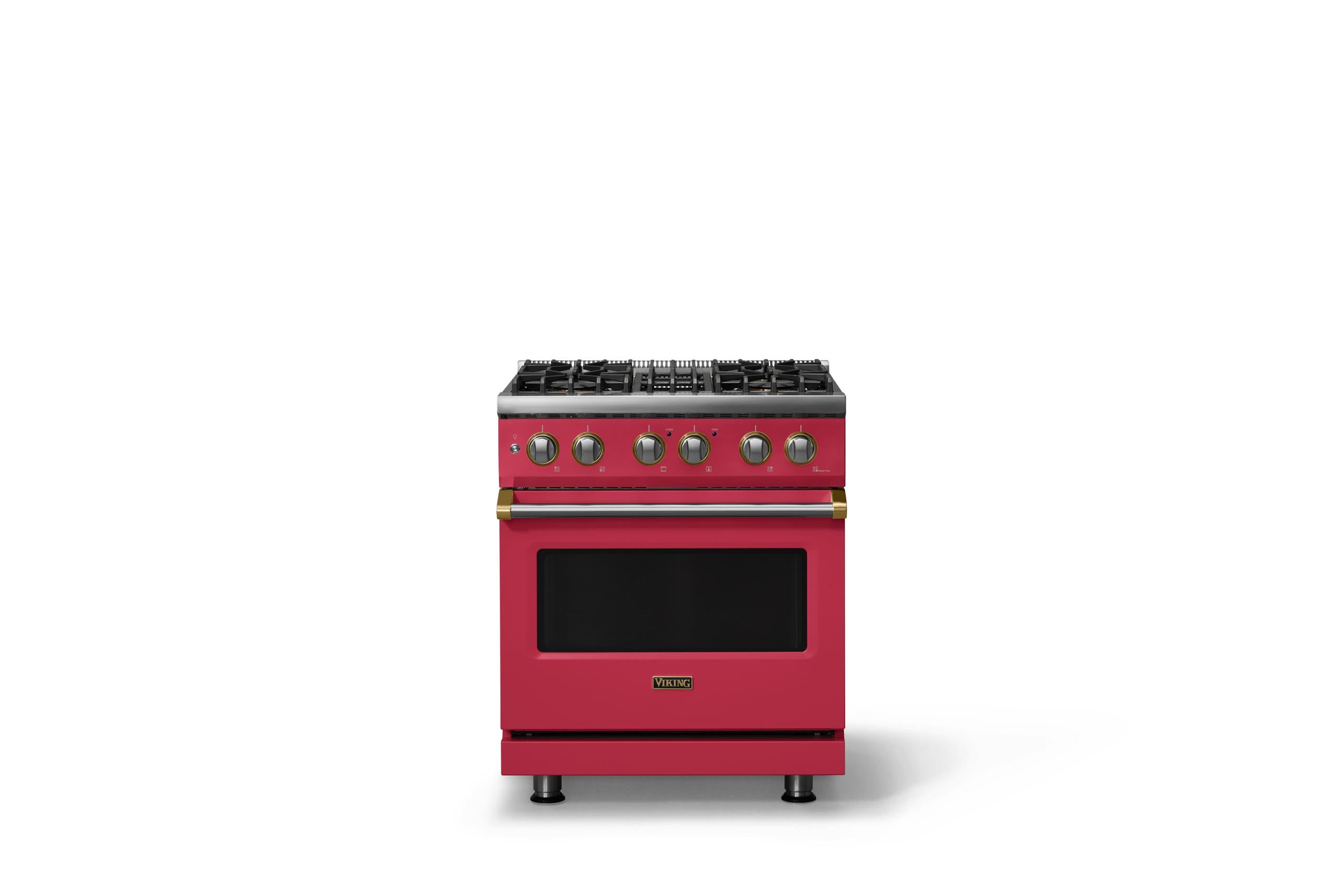 30"W. Dual Fuel Range (Finish: Valentine, Trim: Brushed Brass, Fuel: Natural Gas)