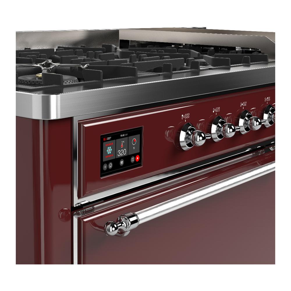 ILVE UM60FQNR3BUCLP Majestic III 60 inch Dual Fuel Range with 9 Burners and Griddle, Dual Function Burner up to 25,000 BTU (Liquid Propane, Solid Door, Burgundy, Chrome)