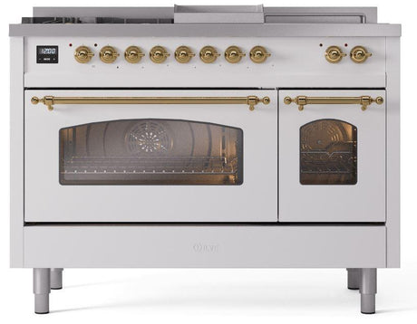 Nostalgie II 48 Inch Dual Fuel Natural Gas Freestanding Range in White with Brass Trim