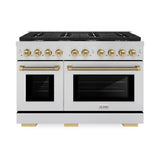 ZLINE Autograph Edition 48 in. 6.7 cu. ft. Paramount Double Oven Dual Fuel Range with 8 Burner Gas Cooktop in Stainless Steel and Champagne Bronze Helix Handles and Knob Accents (SDRZ-48-KCB)
