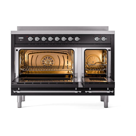 ILVE UNI486QNMPBKC Nostalgie II Noblesse 48 inch Induction Range (Solid Door, Glossy Black, Chrome)