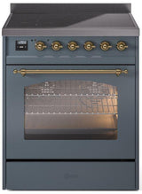 Nostalgie II 30 Inch Electric Freestanding Range in Blue Grey with Brass Trim