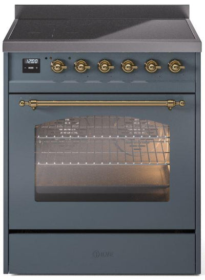 Nostalgie II 30 Inch Electric Freestanding Range in Blue Grey with Brass Trim