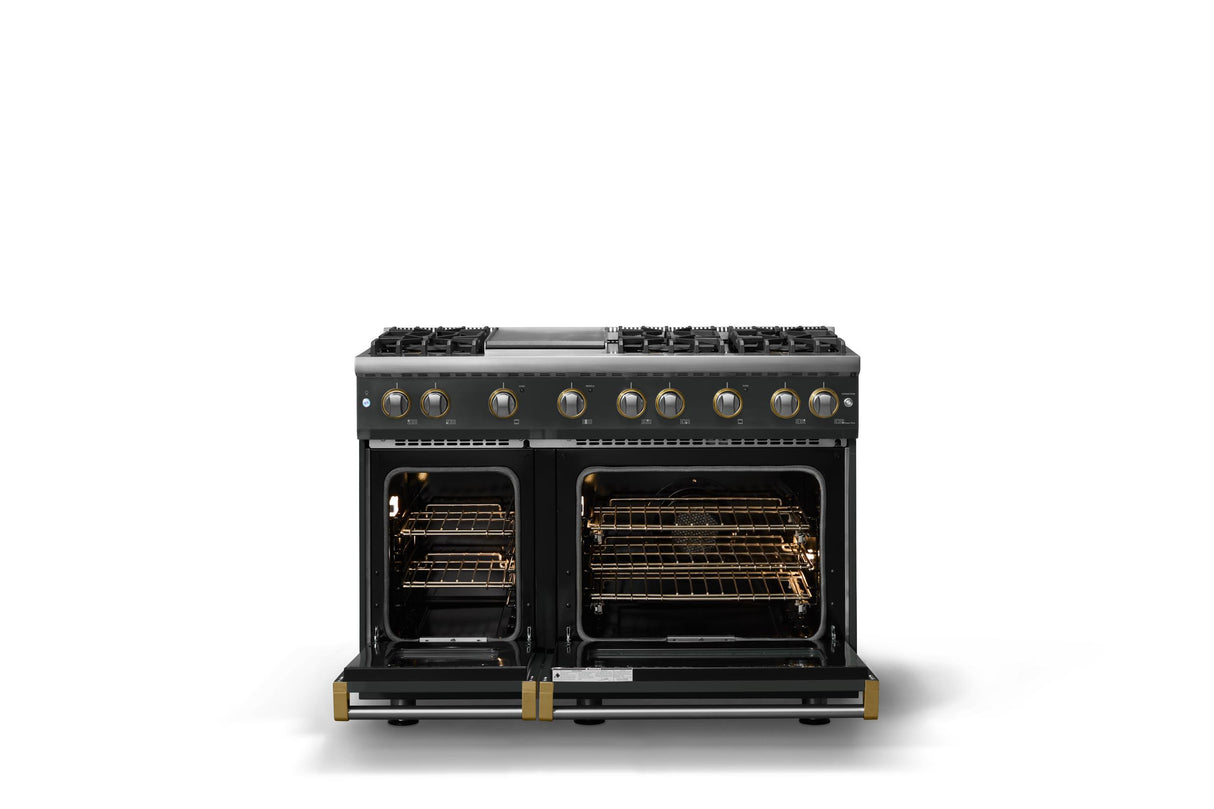 48"W. Sealed Burner Gas Range (Burner: 6g, Finish: Antique Bronze, Trim: Brushed Brass, Fuel: Natural Gas)