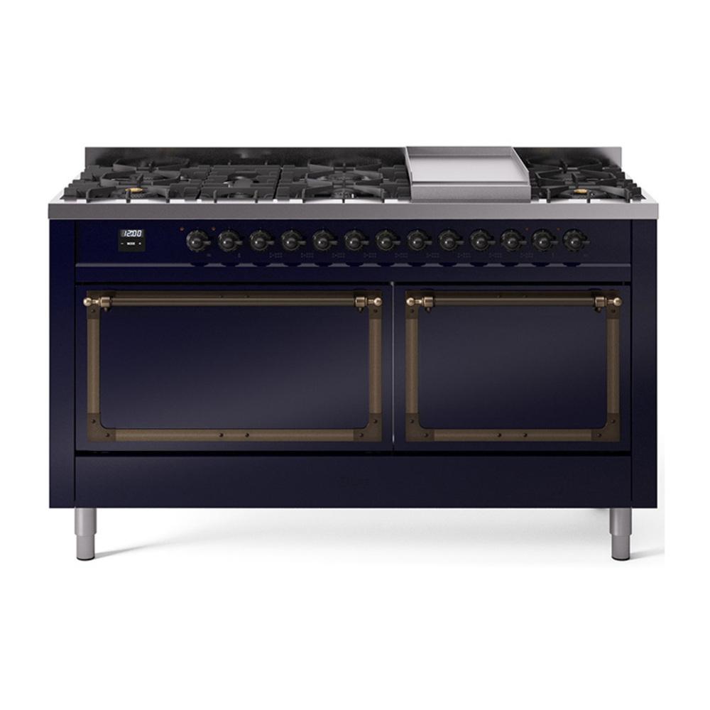 ILVE UN60FQNMPMBBLP Nostalgie II Noblesse 60 inch Dual Fuel Range (9 Sealed Burners + Griddle, Liquid Propane, Solid Door, Midnight Blue, Burnished)
