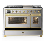 ILVE UM48FNR3SSG Majestic III 48 inch Dual Fuel Range with 8 Burners and Griddle, Dual Function Burner up to 25,000 BTU (Natural Gas, Triple Glass Door, Stainless Steel, Brass)