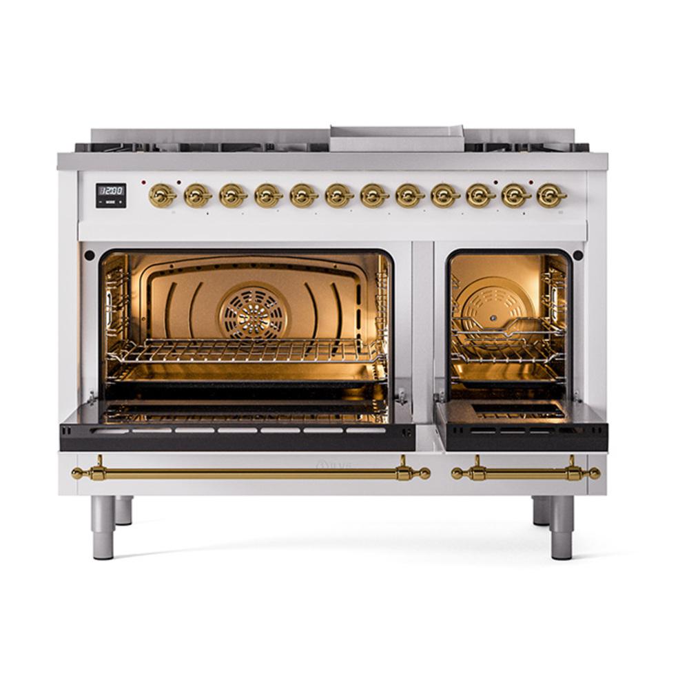 ILVE UN48FNMPRAG Nostalgie II Noblesse 48 inch Dual Fuel Range (8 Sealed Burners + Griddle, Natural Gas, Triple Glass Door, RAL, Brass)