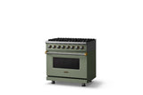 36"W. Dual Fuel Range (Burner: 6b, Finish: Eucalyptus, Trim: Brushed Brass, Fuel: Propane)