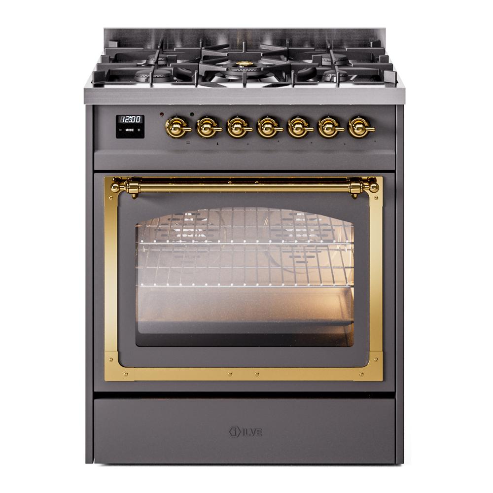 ILVE UN30NMPMGGLP Nostalgie II Noblesse 30 inch Dual Fuel Range (Liquid Propane, Triple Glass Door, Graphite Matte, Brass)