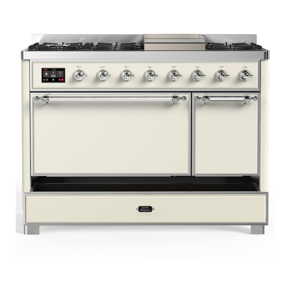 ILVE UM48FQNR3AWCLP Majestic III 48 inch Dual Fuel Range with 8 Burners and Griddle, Dual Function Burner up to 25,000 BTU (Liquid Propane, Solid Door, Antique White, Chrome)