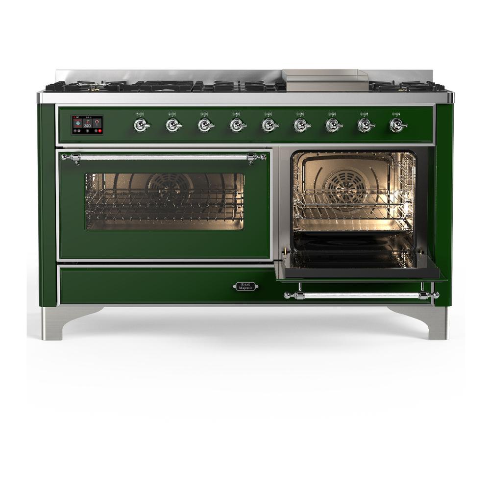 ILVE UM60FNR3EGC Majestic III 60 inch Dual Fuel Range with 9 Burners and Griddle, Dual Function Burner up to 25,000 BTU (Natural Gas, Triple Glass Door, Emerald Green, Chrome)