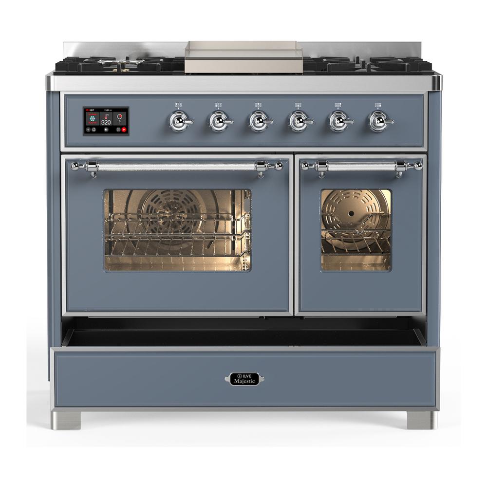 ILVE UMD40FNR3BGC Majestic III 40 inch Dual Fuel Range with 6 Burners and Griddle, Dual Function Burner up to 25,000 BTU (Natural Gas, Triple Glass Door, Blue Grey, Chrome)