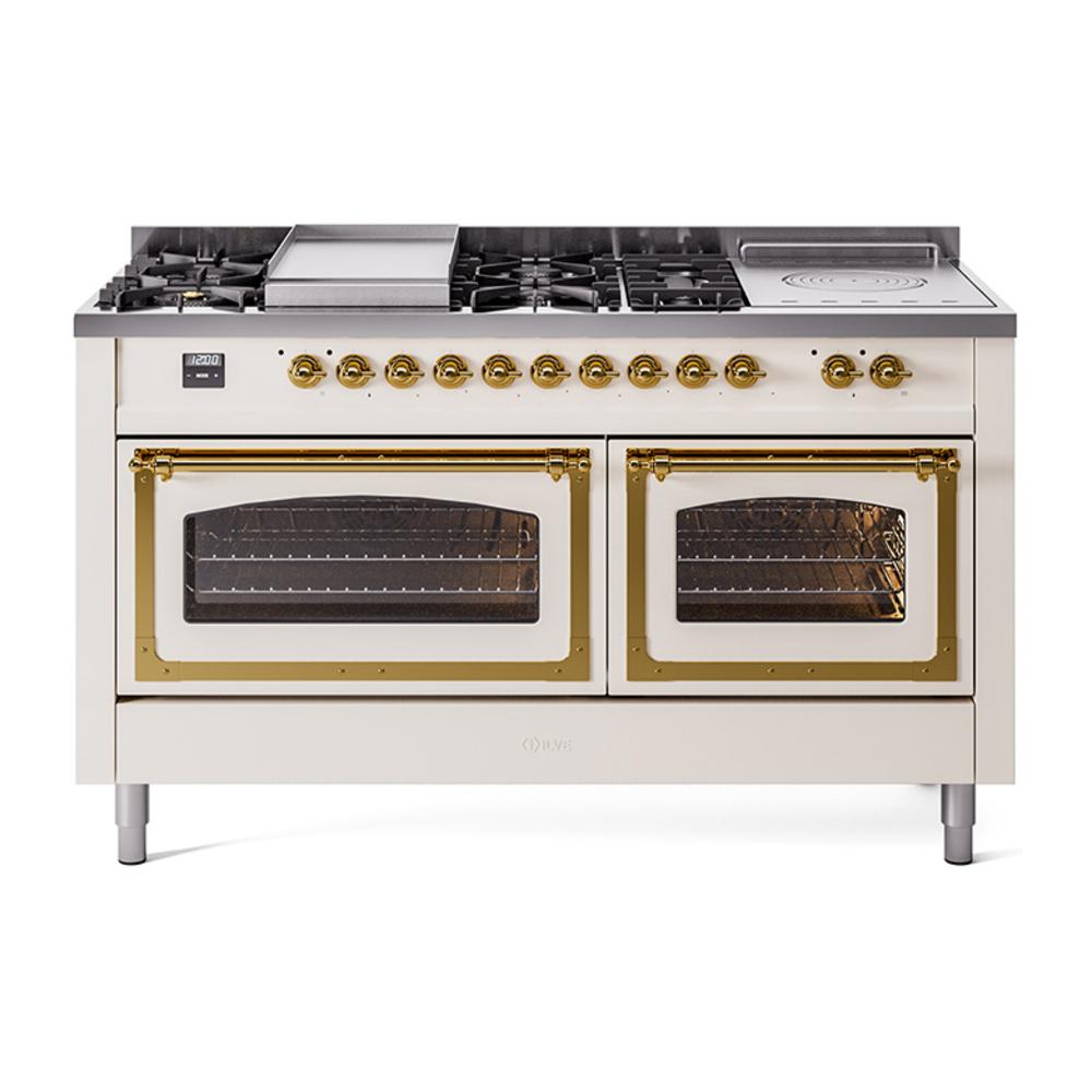 ILVE UN60FSNMPAWG Nostalgie II Noblesse 60 inch Dual Fuel Range (7 Sealed Burners + Griddle + French Top, Natural Gas, Triple Glass Door, Antique White, Brass)