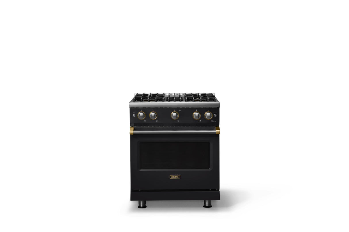 30"W. Sealed Burner Gas Range (Finish: Onyx, Trim: Brushed Brass, Fuel: Natural Gas)