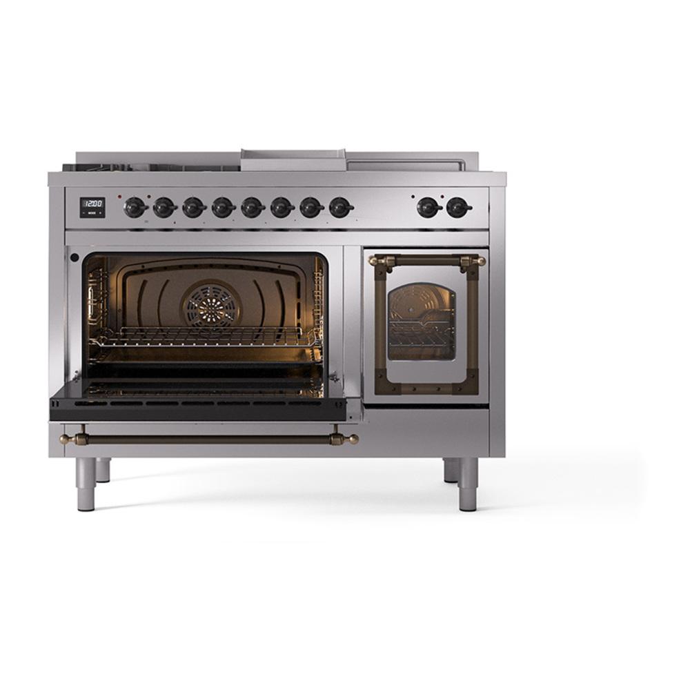 ILVE UN48FSNMPSSBLP Nostalgie II Noblesse 48 inch Dual Fuel Range (5 Sealed Burners + Griddle + French Top, Liquid Propane, Triple Glass Door, Stainless Steel, Burnished)
